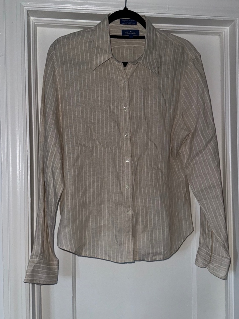 $190 100% Linen Faconnable Women's Button Down - Beige Stripe - L